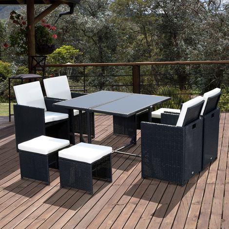 Ensemble Salon pour Jardin encastrable 8 Personnes 9 pièces résine tressée 4 Fils Imitation rotin Noir Coussins déhoussables crème