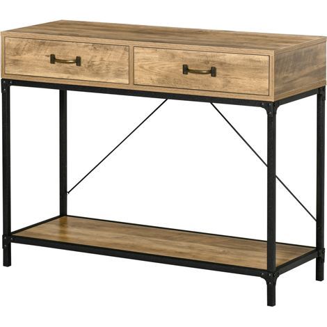 Console, table d'entrée avec étagère et 2 tiroirs, 100 x 35 x 76,5 cm, table d'appoint, table de canapé, table de présentation pour petits espaces, entrée, couloir, salon, marron et noir (1/5)