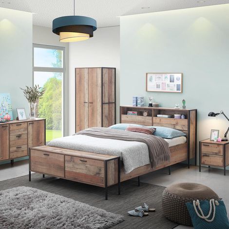 Rustic Industrial 3 Piece Bedroom Set With 2 Door Wardrobe Oak Wood Black Metal Frames (1/5)