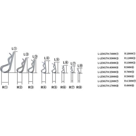 Assortiment de 100 goupilles fendues en acier inoxydable, clips en R, goupilles fendues qui maintiennent la goupille d'attelage à ressort pour tracteurs de remorquage, tondeuses à gazon (1/4)