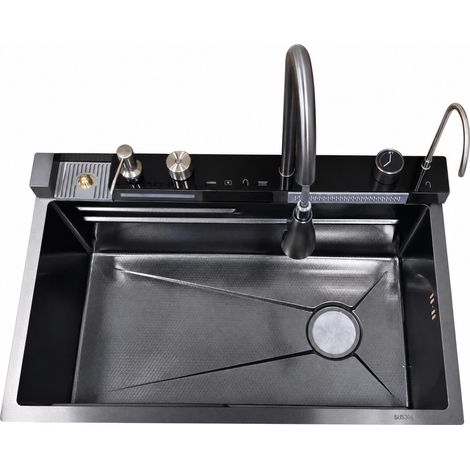 Évier de cuisine rectangulaire 1 bac en acier inoxydable noir – Effet cascade, trop-plein, accessoires inclus – Idéal pour rénovation et bar – Taille : 80 x 45 x 23 cm, Coloris : Black, Vasque : Feiyu