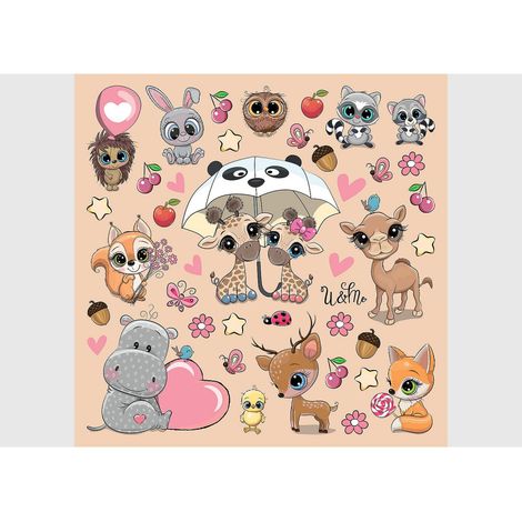 Stickers Animaux mignons - Girafe, Hiboux, Renard, Lapin - 1 planche 30x30cm (1/5)