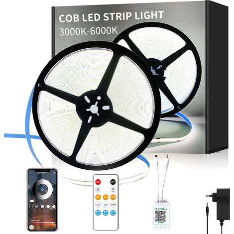 Ruban LED 10M avec Télécommande App Contrôle DC24V 6000K Blanc Flexible Bande LED COB Dimmable Convient pour Chambre, Armoire, DIY Décoration (1/5)