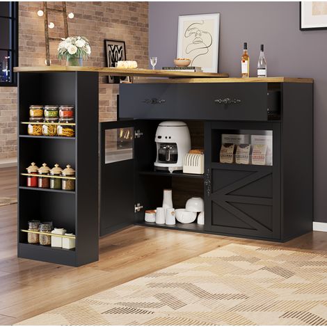 Table bar extensible avec rangement, 138-204 x 39 x 104 cm, rotative à 360°, MDF noir DESVIAE (1/5)