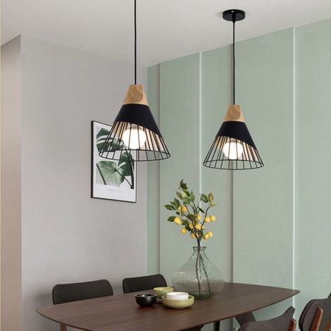 2X Industrial Chandelier Creative Lampshade Ø25cm in Badminton Shape in Metal and Wood Ceiling Light E27 Lamp for Bedroom Living Room Kitchen Black (1/5)