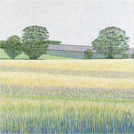 Tarjeta con diseño de campos de cebada y sobre.