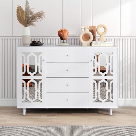 Buffet blanc effet miroir 147,5 cm avec poignées cristal, meuble de rangement 4 tiroirs et 2 portes, commode élégante pour salon salle à manger (1/5)