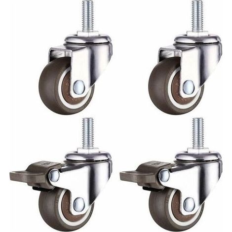 Roulette Pivotante Robuste en Caoutchouc à Tige Filetée M10 pour Chariot à Main, Tables de Travail, Roues Meuble, 2 inch, Diamètre du filetage : 10mm, longueur 25mm, 2PCS avec frein + 2PCS sans frein (1/5)