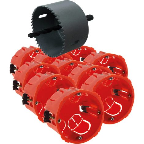 Lot de 10 boîtes encastrement placo Ø67mm + scie-Cloche - Rouge