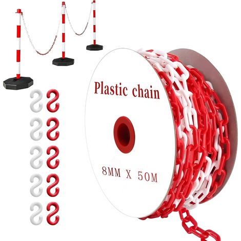 Chaîne de barrière rouge et blanc en plastique de 6/8 mm avec mousquetons, chaîne d'avertissement en plastique pour chantier, parking, entretien des commandes, garages (rouge-blanc, 8 mm-50 m) (1/5)