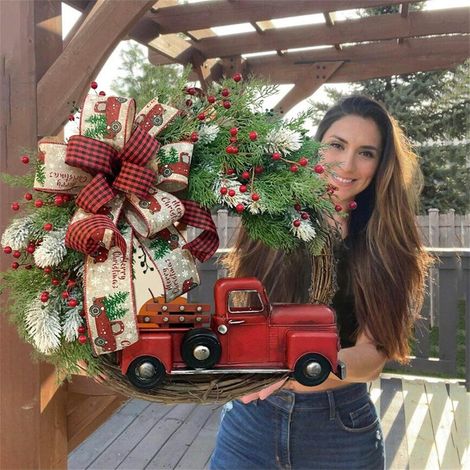 Guirlande De Noël - Roue De Camion Rouge Artificielle - Branches De Pin - Pour Porte Extérieure Fenêtre Mur - 40 Cm - 1 Pièce (1/5)