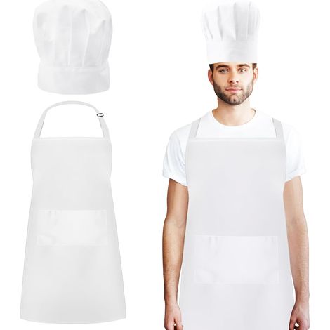Ensemble toque de chef et tablier,Toque de Cuisinier et Tablier de Cuisine,réglable,Ensemble de tabliers de toque de cuisinier avec deux poches et toque de chef élastique pour la cuisine à la maison (1/5)