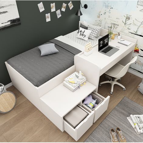 Lit enfant 90x200 cm blanc en bois massif et MDF avec bureau, tiroirs et sommier à lattes (1/5)