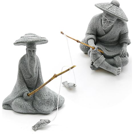 Lot de 2 Figurines de pêche assises en grès Vintage - Décoration Japonaise pour Aquarium, Jardin, Maison - Mini Statue de pêcheur - Décoration Zen Asiatique (1/5)