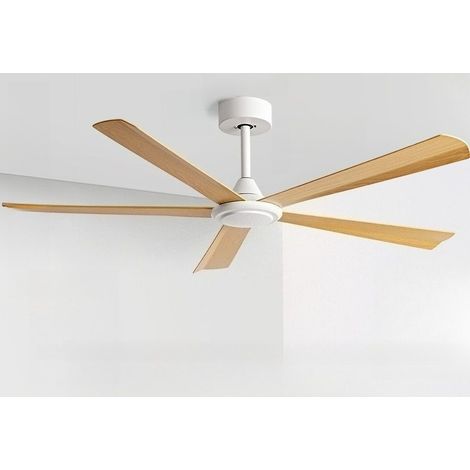 Ventilateur de plafond 112 cm sans lumière, 5 pales, moteur DC réversible, 6 vitesses, Commande par interrupteur mural, Effet bois (1/2)
