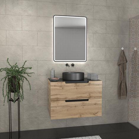 Mueble de baño 80 cm 2 cajones - Roble y negro - Lavabo redondo - Espejo negro Led - OMEGA