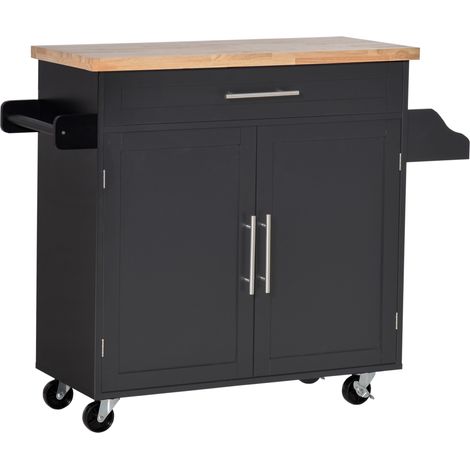Carrello da Cucina Multiuso con Cassetto, Ruote, Portaspezie e Armadietto, Mobiletto Cucina con Ripiano Regolabile, Portasciugamani e Piano in Legno di Caucciù, 109x40x89 cm, Nero
