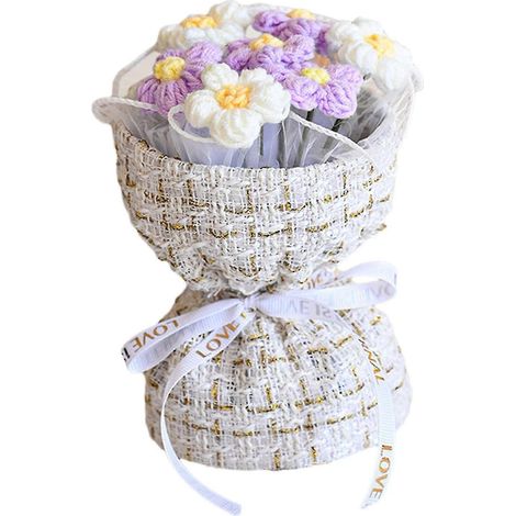Bouquet de fleurs au crochet, bouquet tricoté à la main, décoration colorée pour la maison, ornement fini, cadeau pour la fête des mères ou la fête des enseignants-Violet White (1/5)