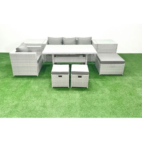 Fimous Rattan Gartenmöbel Essgarnitur 7 Sitzer Lounge Sofa Stuhl Esstisch Set mit 3 Fußhockern 2 Beistelltischen Hellgrau gemischt (1/5)