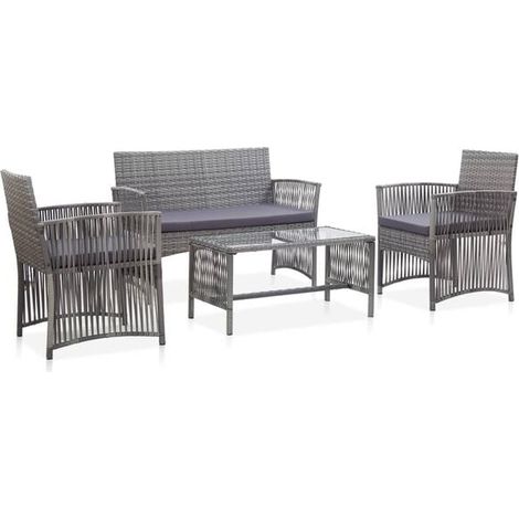 Ensemble de mobilier de jardin quatre pièces, avec coussins, en résine de rotin gris anthracite. (1/5)