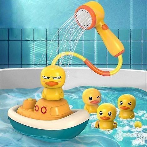 Pommeau de douche amovible en forme de canard et pompe de bain motorisée avec 3 jouets canard pour bébé - Rinçage doux des cheveux et jeu sensoriel pour les nouveau-nés, les nourrissons et les tout-pe (1/5)