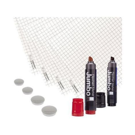 Starterset ® 5 x Flipchartpapier gerollt (5 Blocks á 20 Blatt) FSC 2 x Flipchartmarker Jumbo (schwarz rot) 4 x Magnete discofix standard grau (D. 30 x (1/2)
