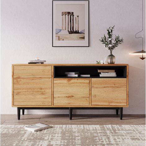 Sideboard en MDF et panneaux de particules noir et bois naturel, 160 x 35 x 76 cm, 3 portes, étagères réglables (1/5)