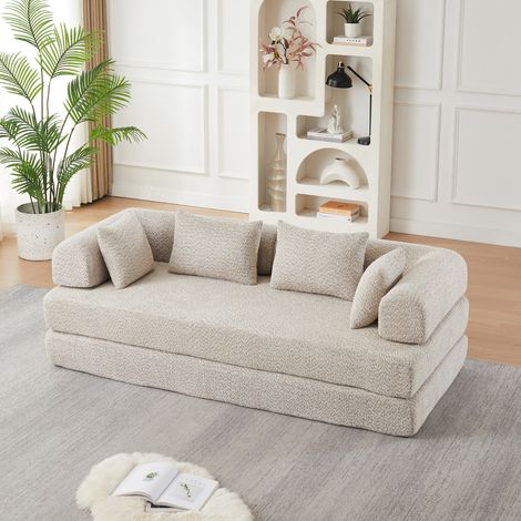 Sofá cama modular 4 en 1 beige de tela con respaldo ajustable, 4 cojines y base antideslizante para salón, lectura, invitados y mascotas en casa – CHICFURN (1/5)