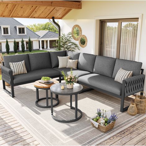 Mobilier d'extérieur pour terrasse en oléfine gris, ensemble modulable 5-6 places avec 2 tables, coussins déhoussables (1/5)