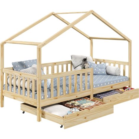 Idimex – Lit cabane naturel 90x200 cm – Structure en pin massif – 2 tiroirs de rangement – Barrière modulable droite ou gauche
