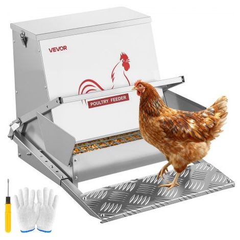 Comedero automático, capacidad de 18 kg, resistente a la lluvia, con pedal y tapa con cerradura, Sin desperdicio, acero galvanizado, para pollos, gallinas enanas, aves de corral y faisanes (1/5)