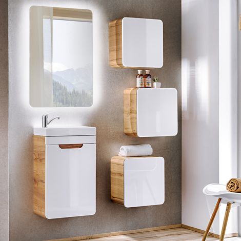 Badmöbel Set Gäste WC LUTON-56 in Hochglanz weiß mit Wotan Eiche Nb. B/H/T ca. 90/195/22 cm (1/5)