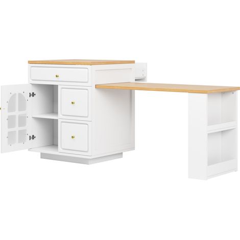 Îlot de cuisine extensible avec tiroirs, LED RGB intégrée, 122,5-195,5 cm, finition bois et vitrine en verre, blanc (1/5)