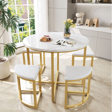Ensemble de salle à manger MDF blanc et métal doré, table ronde 80x80x75 cm avec 4 chaises en velours (1/5)