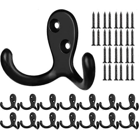 Porte-manteau mural noir avec crochet double et 28 vis, comprenant 14 crochets et 28 vis, idéal pour la cuisine, la chambre ou l'entrée. (1/5)