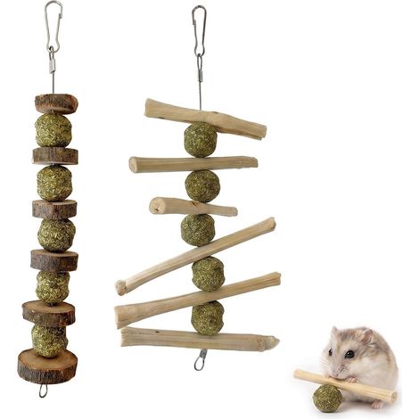 2 Pieces Rabbit Toy and Rabbit Accessory, Indoor Dwarf Rabbit Toy, Guinea Pig, Chinchilla, Hamster, Natural Wood Chew Toys, Soft Bamboo and Grass Ball for Dental Care (1/5)