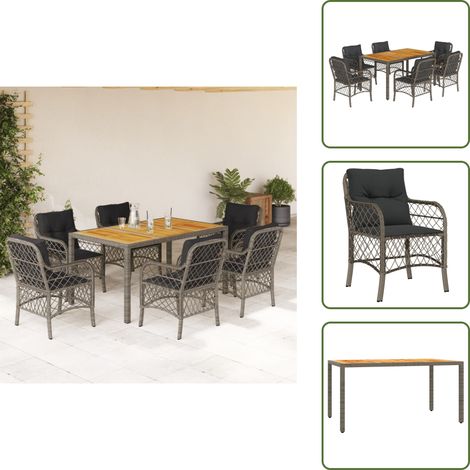 7-tlg. Garten-Essgruppe mit Kissen Grau Poly Rattan - Gartengestelle - Gartenmöbelset - Outdoor Möbel - Esstisch - Gartenstuhl (1/5)