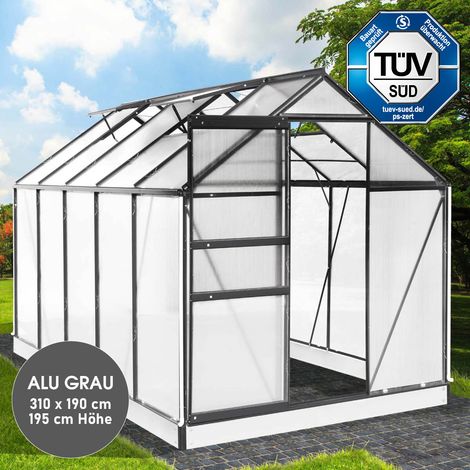 BRAST Gewächshaus Aluminium mit Fundament rostfrei TÜV geprüft 6mm Platten 310x190x195cm Grau (1/5)