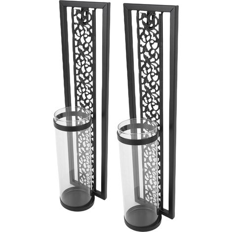 2er-Set Wandkerzenhalter im Vintage-Stil, hohl, aus Metall, mit Glasabdeckung, für die Heimdekoration, Schwarz (1/5)