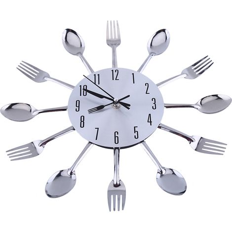 Horloge murale Inox Argent 31,5cm Design Couverts Fourchette Couteau Cuillère Moderne Silencieux Décoration Cuisine (1/5)