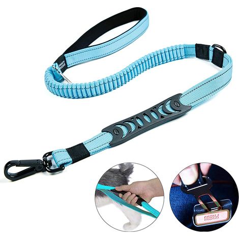 Laisse robuste pour chiens de grande taille jusqu'à 40 kg, réfléchissante, avec amortisseur de choc, boucle pour ceinture de sécurité auto et 2 poignées rembourrées pour une meilleure maîtrise. (1/5)