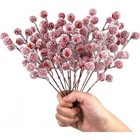 Tiges de groseilles artificielles de Noël, 20 branches de houx enneigées, branches de baies d'hiver pour couronnes de Noël, sapin de Noël et décorations de fêtes (groseilles) (1/5)