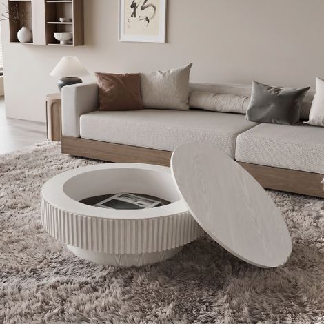 Tavolino rotondo da 75 cm con vano portaoggetti, in legno massello impiallacciato, moderno, ideale come tavolino d'appoggio o tavolino da tè per soggiorno, camera da letto, appartamento o ufficio, bia (1/5)