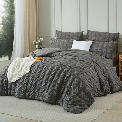 Parure de lit réversible en seersucker - Housse de couette 155 x 220 cm - Gris - Housse de couette simple et taies d'oreiller de 80 x 80 cm - Avec fermeture éclair (1/5)