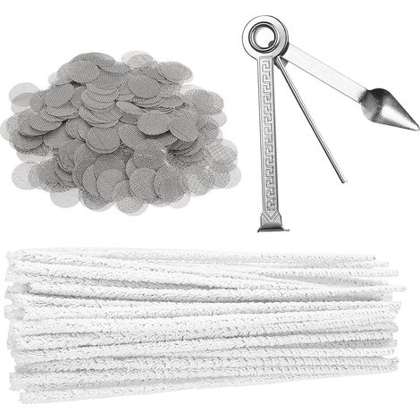 300 Pièces Filtre à Tamis Conique, 15mm Filtre Conique Écrans de Bol en Maille en Acier Inoxydable, Filtres Coniques Prédécoupés Réutilisables, avec 1 outil 3 en 1 et 50 cure-pipes, pour rig/bong
