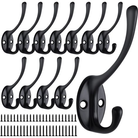 12 Pièces Patère Murale, Rétro Crochet Porte Manteau Métal, Vintage Noir Crochets Mural Muraux Double Manteaux Patères Coat Hooks avec Vis pour Porte Manteau Salle de Bain Cuisine