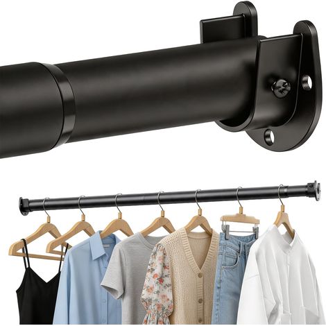 Tringle Penderie Extensible, 43-130CM Barre de Penderie en Métal avec Douille Fixe et Vis, Barre Penderie Réglable pour Placards, Armoires, Buanderie, Salle de Bains et Camping-Cars, Noir (1/5)