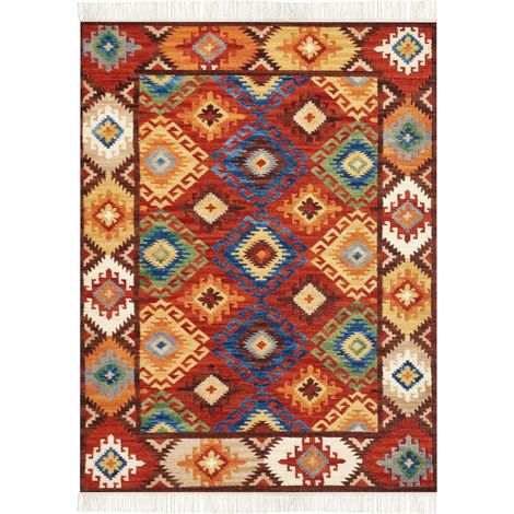 Kelim-Teppich Mehrfarbig Wolle 160 x 230 cm mit Fransen Geometrischem Muster Handgewebt Boho Orientteppich für Fußbodenheizung Geeignet (1/5)