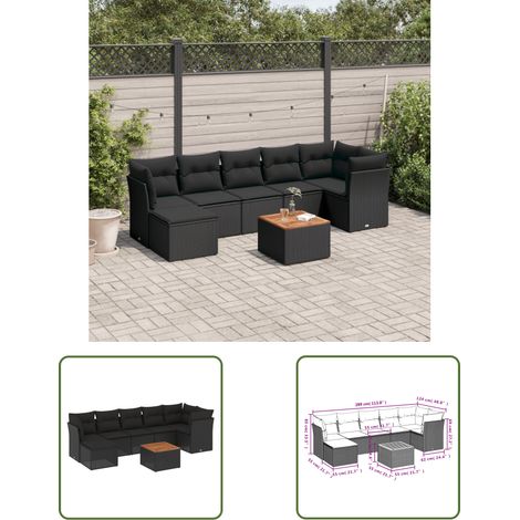 The Living Store 8-tlg. Garten-Sofagarnitur mit Kissen Schwarz Poly Rattan - Gartensorte - Esszimmergarnitur - Lounge Möbel - Outdoor Furniture - Gartenmöbelset (1/3)