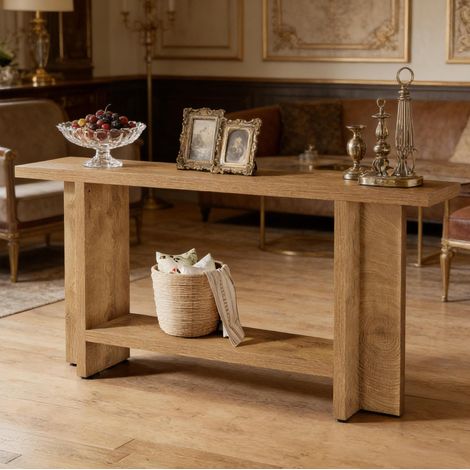 Mesa consola de 2 niveles de MDF marrón 150 x 30 x 80 cm OKWISH (1/5)